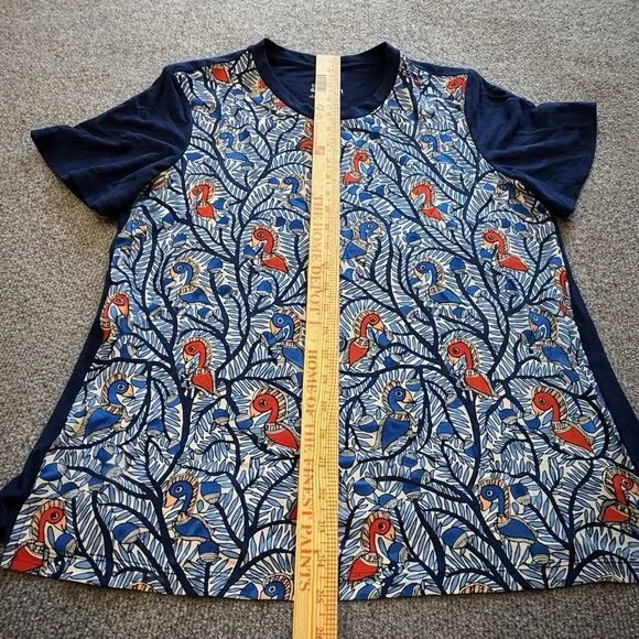 Tory Burch Silk Front Linen Top Bird Print Short Sleeve Blue Graphic Blouse L - Picture 8 of 8